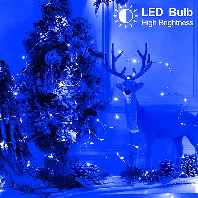 YAOZHOU Christmas Decorations Blue Fairy String Lights, Battery Operated with Timer, 2 Pack Total 33FT 100 Led Mini Battery Powered Mason Jar Waterproof Firefly Lights DIY Party
