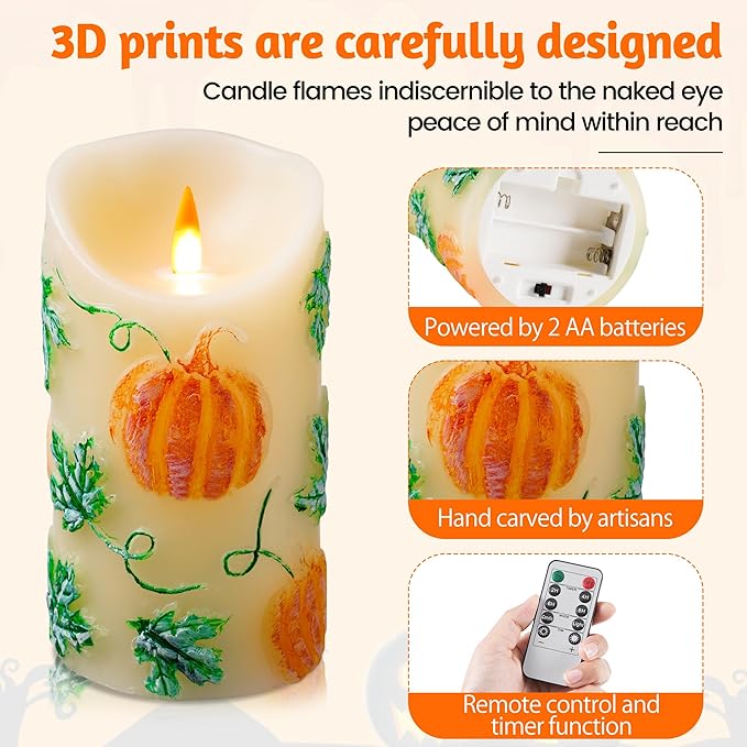 Halloween Pumpkin Flameless LED Candle - Realistic Flickering Flame - Battery Making Candle with Remote Control Timer - Real Wax - Unscented - Home - Holiday Decoration (3"x6")