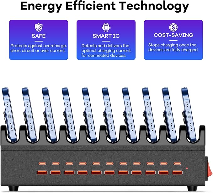 USB~C Charger Block, 300W 22 Port (11 USΒ A & 11 USΒ~C) USB Charging Station for Multiple Devices, Desktop Wall Fast Charger with Storage Dividers, USΒ Power Strip Suitable for Home Office School