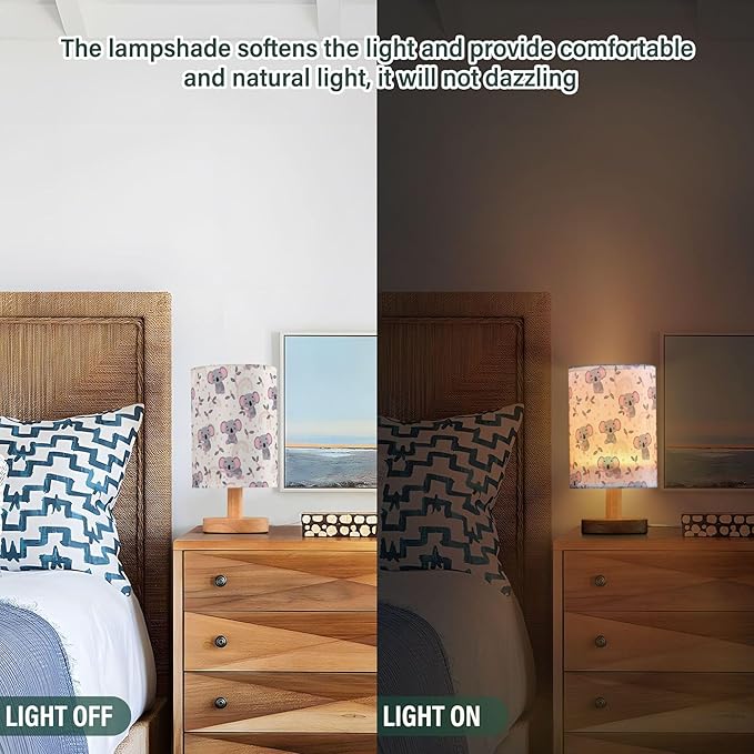 Table Lamp Cute Koala Eucalyptus Branch Scandinavian Pattern Nightstand Lamp with Wood Base Fabric Lamp Shade Bedside Desk Lamp for Living Room Bedroom Kids Room Office