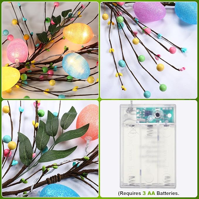 Enhon Lighted Easter Garland with 8 Lighting Modes, 15 LED Colorful Glitter Easter Egg Garland Lights Timer, Battery Operated Egg & Mixed Berry Decoration for Spring Mantle Home Fireplace Indoor Decor