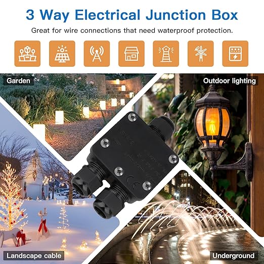 Helunsi Waterproof Junction Box 3 Way, IP68 External Waterproof Electrical Junction Box, Black Underground Junction Box Outdoor Cable Connector, for Diameter 5mm -15mm Wire Gland (1 Pack - Small)