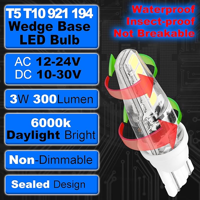 15W 20W T5 T10 Wedge Base LED Light Bulb 300lm AC/DC 12V-24V Daylight White 6000K 3W 194 921 T10 LED Bulb for Automotive Car RV Camper Trailer Landscape Driveway Malibu Lawn Lighting, 8 Pack