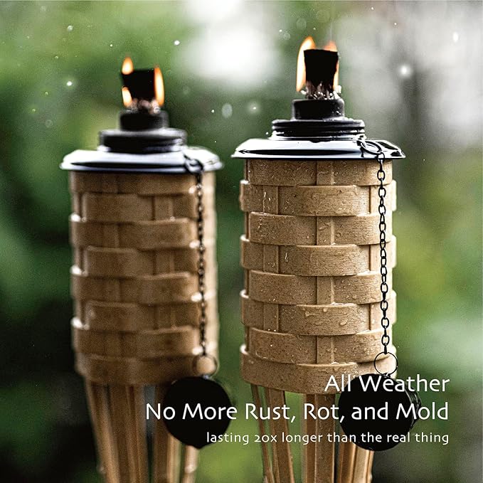 ONETHATCH Bamboo Torches, Outdoor Citronella Torch (Weathered Color, 4pack); Large Patio Torch, Great for Tropical Decor, Lighting, and Luau Party; Easy Refill Wide-Mouth Canister, Stands 60" Tall