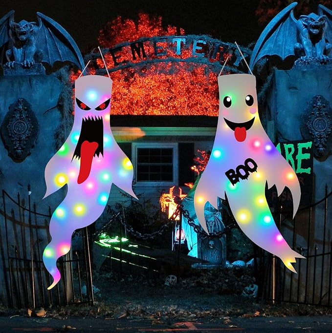 Halloween Decorations Outdoor Indoor, 2 Pack Light Up Ghost Decorations with LED Lights, Hanging Ghost Halloween Decor for Yard Porch Garden Lawn Party (2B-2Pack)
