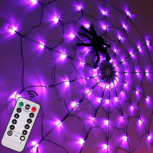 Halloween Decorations Spider Web Lights - 4FT Diameter 70 LEDs with Black Spider, Waterproof Net Lights, Remote Control, 8 Modes Cobweb Halloween Decorations for House Garden Indoor Outdoor (Purple)