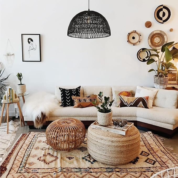 JONATHAN Y 20" Black Modern Bohemian Woven Rope LED Pendant Light Fixture, Adjustable Dome Ceiling Lamp for Kitchen Island, Rope Shade, Coastal Farmhouse Decor (JYL6504C)