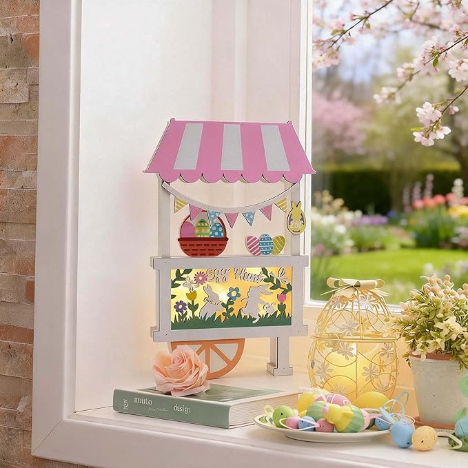 Valery Madelyn Easter Decorations, Easter Decor with LED Light, Lighted Egg Hunt Booth Decor for Table, Wooden Bunny Decorations for Home Decor Shelf Tiered Tray Living Room, 10.3 inch