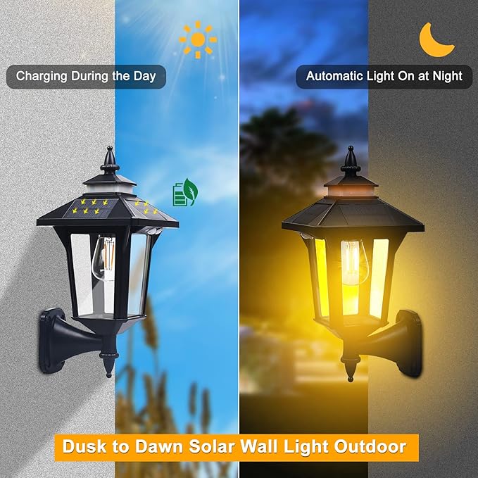 2 Pack Solar Wall Lantern Lights Outdoor with 3 Lighting Modes, Motion Sensor Wall Sconce, Dusk to Dawn LED Exterior Front Porch Lights Fixtures Wall Mount Waterproof for Garage House Doorway Yard