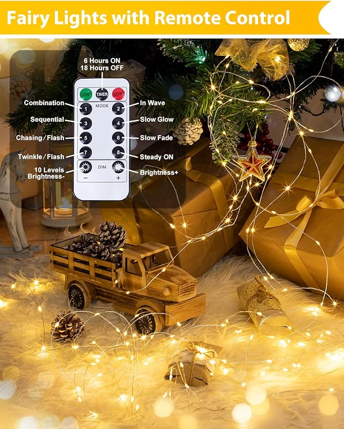 2 Pack 200LED Christmas Battery Operated Fairy Lights with Remote, 8 Modes String Light with Timer, Dimmable, Memory Function, Waterproof Twinkle Lights for Outdoor Indoor Christmas Decor(Warm White)