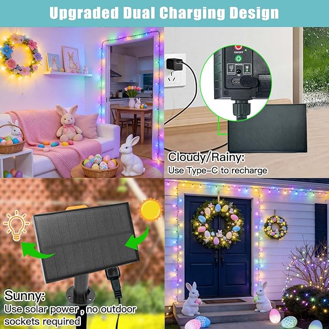 LitHome 100 LED Solar Christmas String Lights Outdoor, 33FT 34Colors Changing Solar/USB Easter String Lights Waterproof with Remote, 102 Modes Colorful Pastel Light for Tree Spring Party Holiday Decor