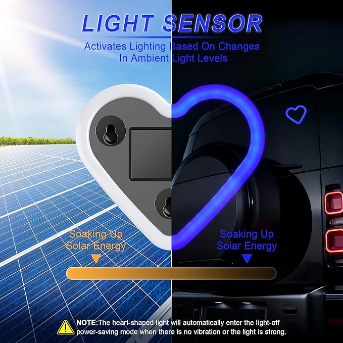 Car LED Interior Lights, Heart-Shaped Ambient Light for Windows, 5 Lighting Modes, Charging Through Type-c and Solar Energy, Car Decorations for Women Men, Pack of 1, (Blue)