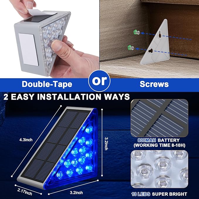 12 Pack Solar Stair Lights, Outdoor Step Lights with Waterproof IP67, Blue Color LED Solar Light for Outside Light Decor for Stair, Deck, Front Step, Front Porch, Patio and Backyard