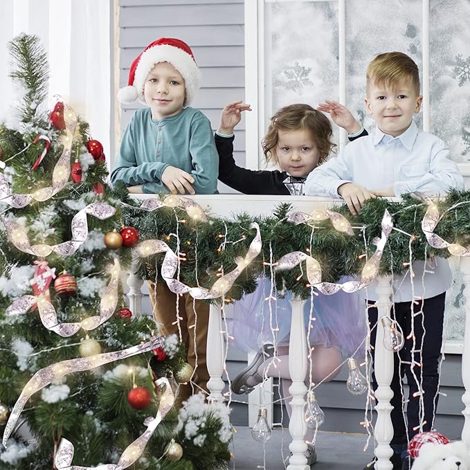 Minetom Christmas Tree Ribbon String Lights - 33ft 100 LED Battery Powered Fairy Lights with Timer
