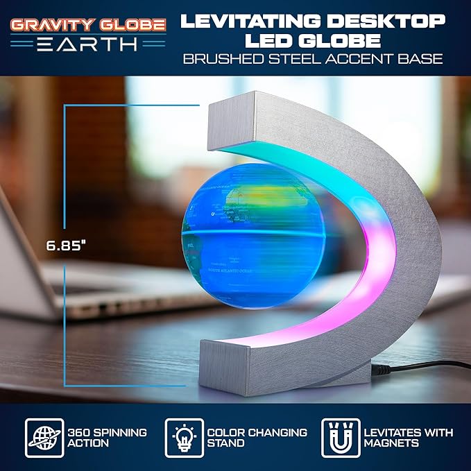 USA Toyz Gravity Globe Earth Ball and C Frame Set - Magnetic Levitating Lamp with Multicolor LED Lights, Spinning Rotating Floating Globe for Desk, Stand Compatible Gravity Planets