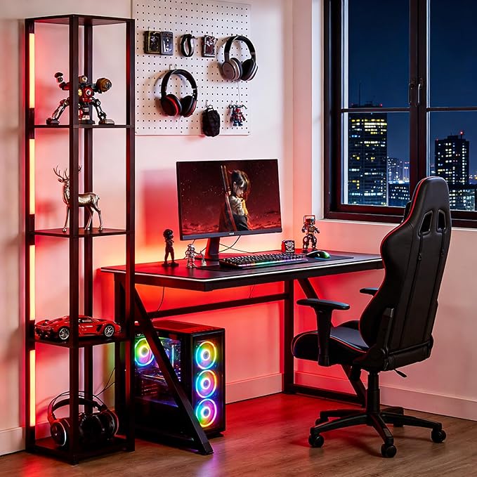 RGBCW Floor Lamp with Shelves, Smart Modern Floor Lamp with Music Sync, Color Changing Corner Display Shelf Lamp, Dimmable Square Standing Lamp for Living Room and Bedroom, Office