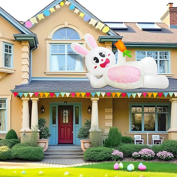 OurWarm 8FT Easter Inflatables Outdoor Decorations, Lying Inflatable Easter Bunny Decor, Easter Bunny Blow up Inflatable with LED Lights, Easter Blow Ups for Outside Holiday Roof Lawn Yard Decor