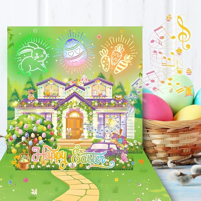 Easter Card, firework light and music for Pop Up Card, easter Greeting Cards with Envelope, Funny Easter gift For Family, Friend, Kids