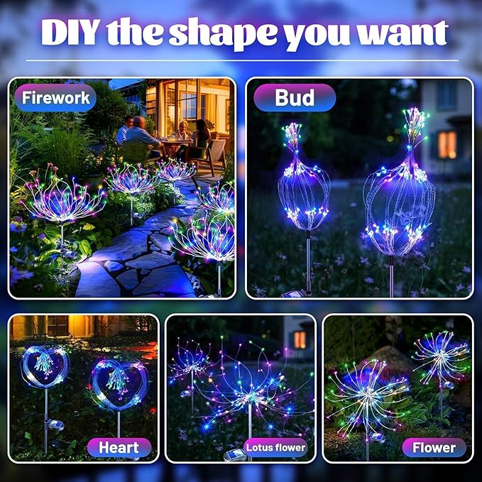 Anordsem Solar Garden Lights Outdoor: 120 LED Sparkler Fireworks Starburst Colorful Lighting - Waterproof DIY Dandelion Outside Yard Art Decorations - Gardening Gifts for Women Grandma