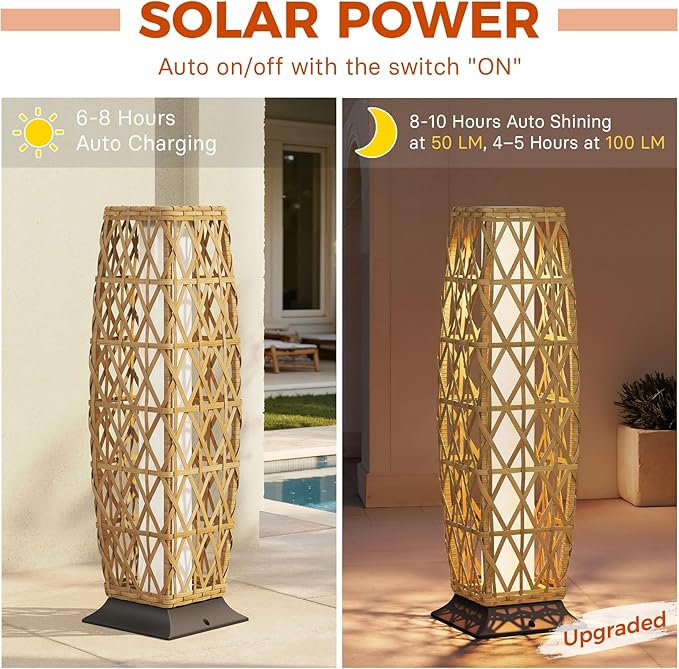 Grand patio 2-Piece Outdoor Floor Lamp Solar Lantern, Water-Resistant Wicker Boho Patio Light with 50/100 Lumens Dual Brightness & Memory Mode for Garden Porch Deck Decor, Large Cindy Natural