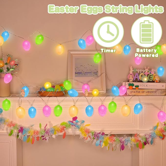 Timer - 2 Pack Easter Lights Easter Decorations, Total 20FT 40LED Easter Egg Light Colorful Waterproof Easter Lights Battery Operated for Indoor Outdoor Home Holiday Hunt Decor, Each 10FT 20LED