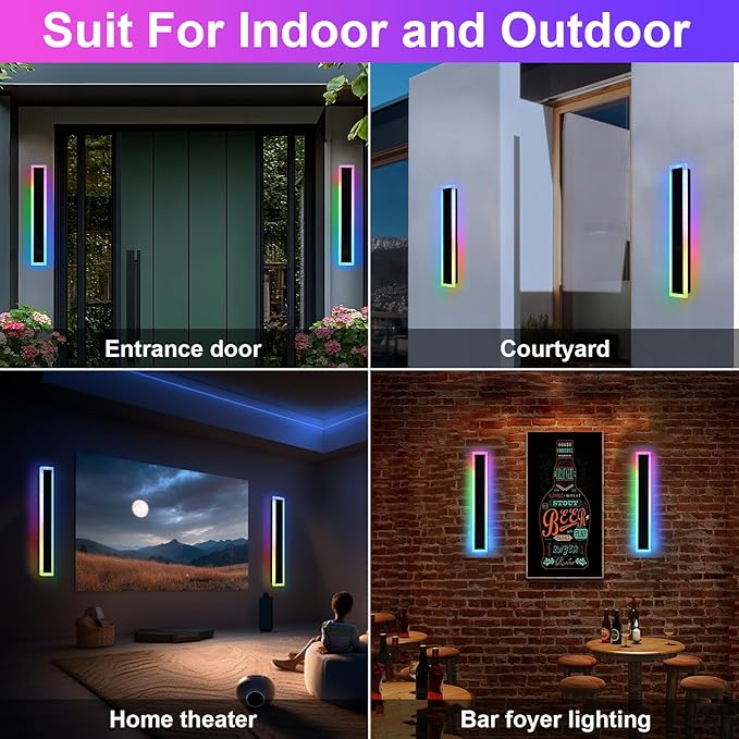 Modern Outdoor Wall Light,2 Pack RGB Led Wall Lights Fixture,32 inch Wall Sconce Lights,Dimmable Long Exterior lighting Fixtures with Control Remote,Outside RGB LED Long Lights for Porch,Patio,Garage