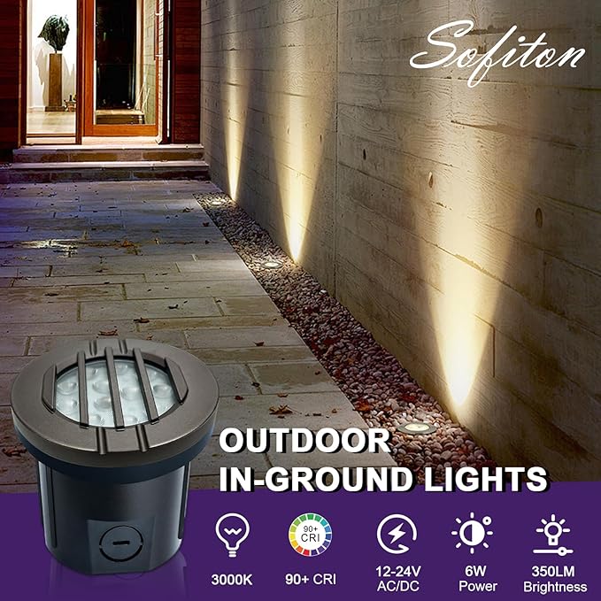 6W Well Lights, Grated Top, 3000K, 12-24V AC/DC, Outdoor In-ground Lights with Wire Connectors, IP65 Waterproof Low Voltage Lighting for Garden Fence Pathway Deck, ETL Certified, 8 Pack
