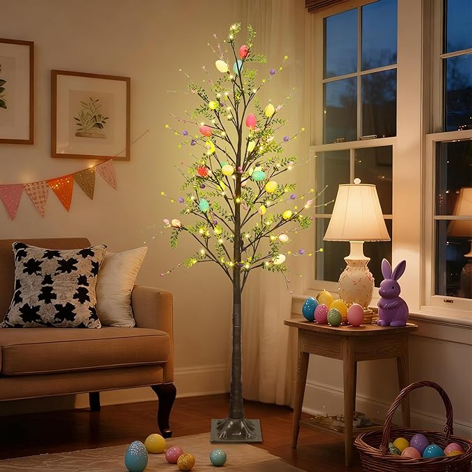 DR.DUDU 6FT Lighted Easter Tree with Timer, Large Easter Decorations for Home & Outdoor Porch, Pre-Lit Egg Trees with LED Lights & Colorful Eggs for Spring Party Office Decor