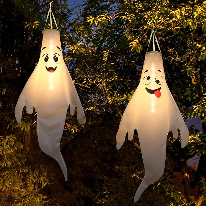 Halloween Ghost Decorations Outdoor: with Timer, 2 Pcs Cute Hanging Ghost for Tree Porch Garden Yard, Waterproof LED Ghost Halloween Decor