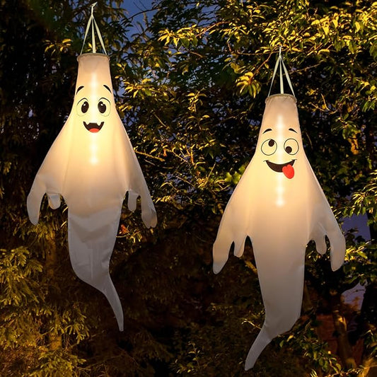Halloween Ghost Decorations Outdoor: with Timer, 2 Pcs Cute Hanging Ghost for Tree Porch Garden Yard, Waterproof LED Ghost Halloween Decor