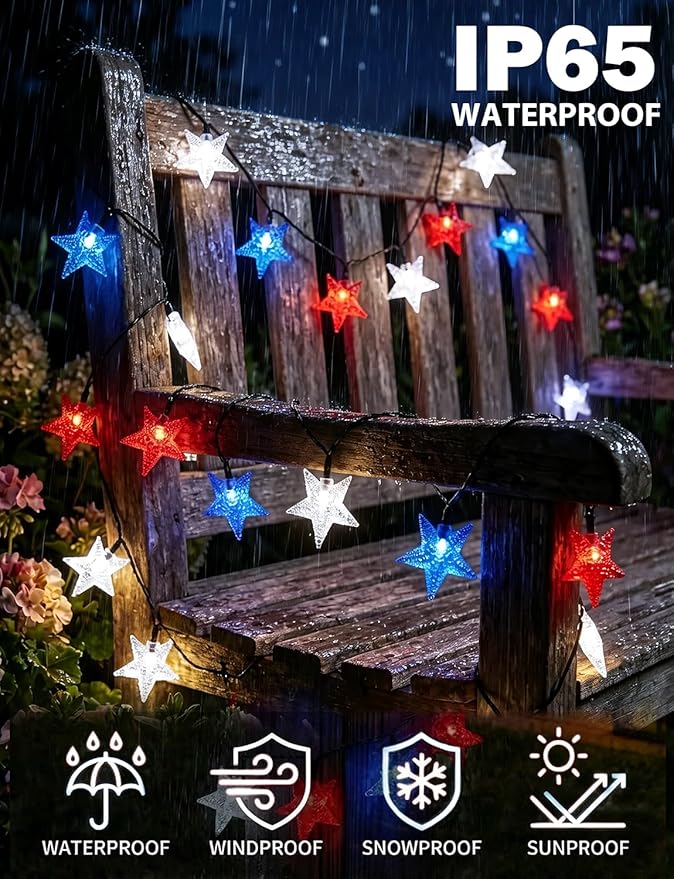 Solar String Lights Red White Blue Star LED Solar Powered Lights Waterproof Outdoor Lights for 4th of July Decorations Patio Garden Yard Memorial Day Independence Day Christmas Party with 8 Modes