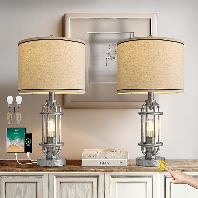 23.75'' Table Lamps Set of 2 for Living Room Bedroom Industrial Farmhouse Metal Touch Lamps with USB A+C Ports, Night Light Vintage Nightstand Bedside Lamp, Bulbs Included, Antique Silver