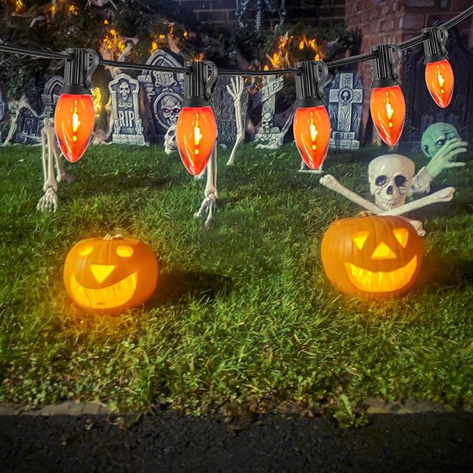 C7 Orange Halloween Lights 10FT, LED Outdoor String Lights with Black Wire for Patio, Christmas Tree, Window, Door, Party, Porch Décor