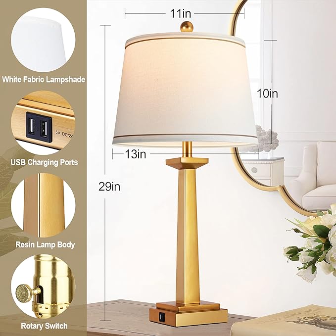 ROTTOGOON 29" Gold Table Lamps with 2 USB Charging Ports, 3-Color Temperature Nightstand Modern Lamps with Rotary Switch, Resin Brass Tall Lamp for Living Room Bedroom Home Office (LED Bulb Included)