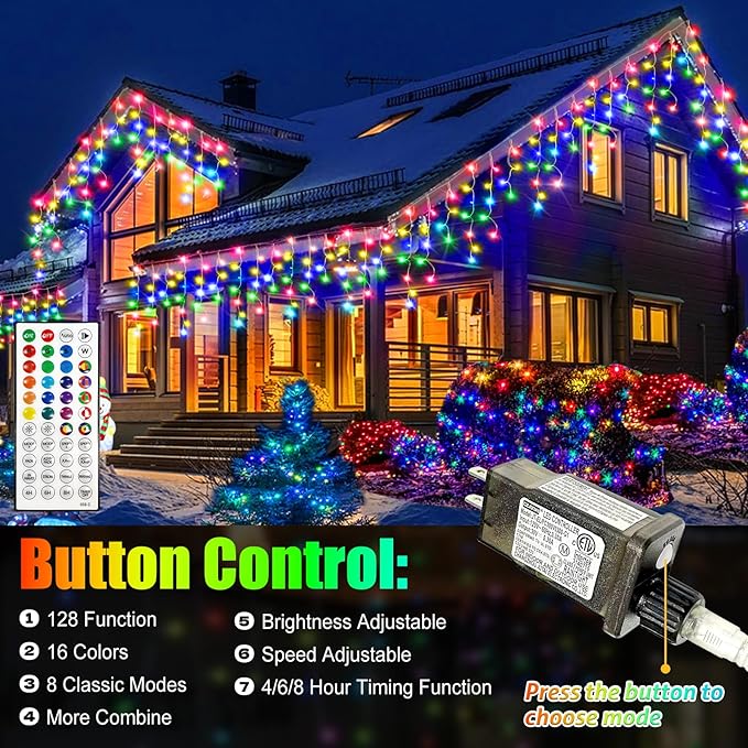 RGB Ice Lights Outdoor, 52FT 504 LED Color Changing Christmas Lights,16 Colors 128 Function 8 Modes Timers Waterproof, Plug in Hanging Light for House, Garden, Outdoor Christmas Decor