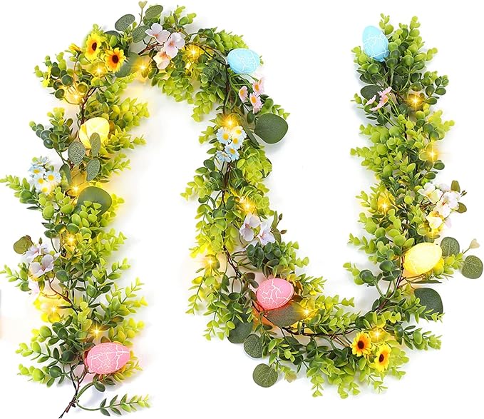 Easter Garland Decorations-6FT Spring Floral Egg Garland with Eucalyptus Leaf Flower,Battery Operated with Timer for Mantle Fireplace Door Home Office