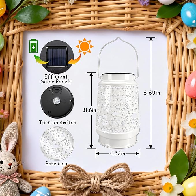 Easter Egg Decorations Outdoor Waterproof Solar Lantern Lights Tree Ornaments with Bunny Decor for Home, Garden, Patio, Yard, Lawn Porch Hanging Solar Light Easter Gifts for Kids Teens Women Adults