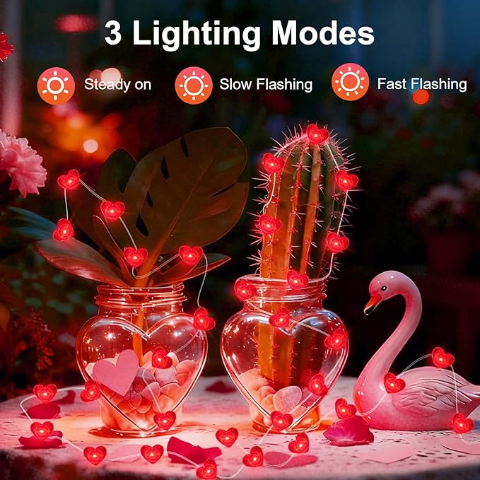 AIKEI 2 Pack Valentines LED Fairy Lights Battery Operated, Red Heart String Lights Waterproof 7 Feet 20 Led Firefly Starry Lighting for Wedding Party Bedroom Table Valentine's Day Decoration