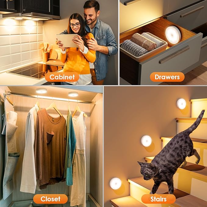 Motion Sensor Puck Light with Remote, Wireless Dimmable Under Cabinet Lighting, Rechargeable Magnetic Closet Night Light, 4-Pack, Warm White