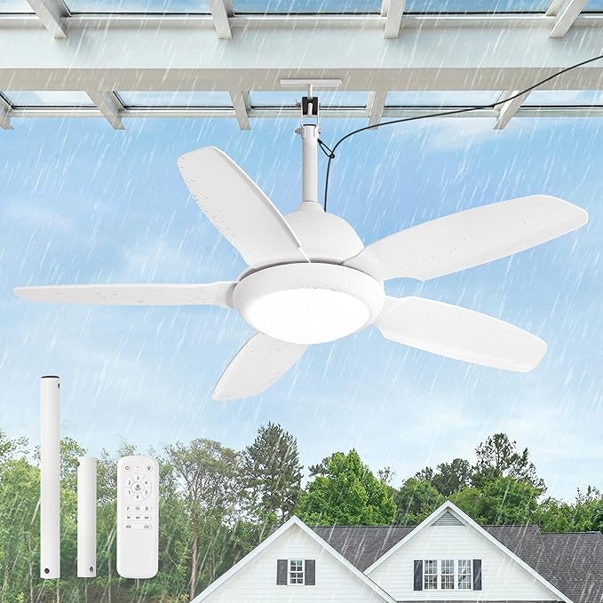 Fanbulous 42 Inch Waterproof Outdoor Ceiling Fan with Lights and Remote,IP65 Hanging Gazebo Fan with 3CCT 6-Speed DC Motor,White Wet Rated Plug in Ceiling Fan with Cord for Patios Porch Pergola