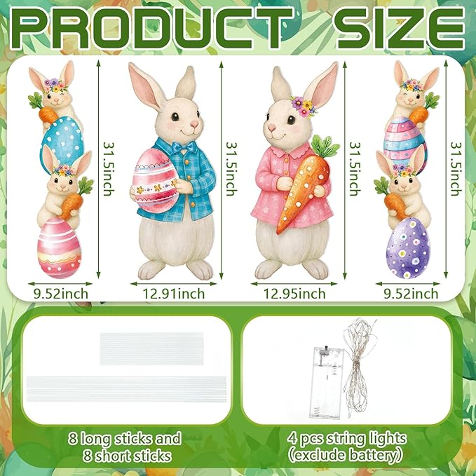 Bencailor 4 Pcs Easter Outdoor Decorations Bunny Yard Stake Signs with LED Light Large Rabbit Party Supplies Lawn Decorations for Spring Easter Outdoor Lawn Garden Patio Walkway Wedding Stand Decor