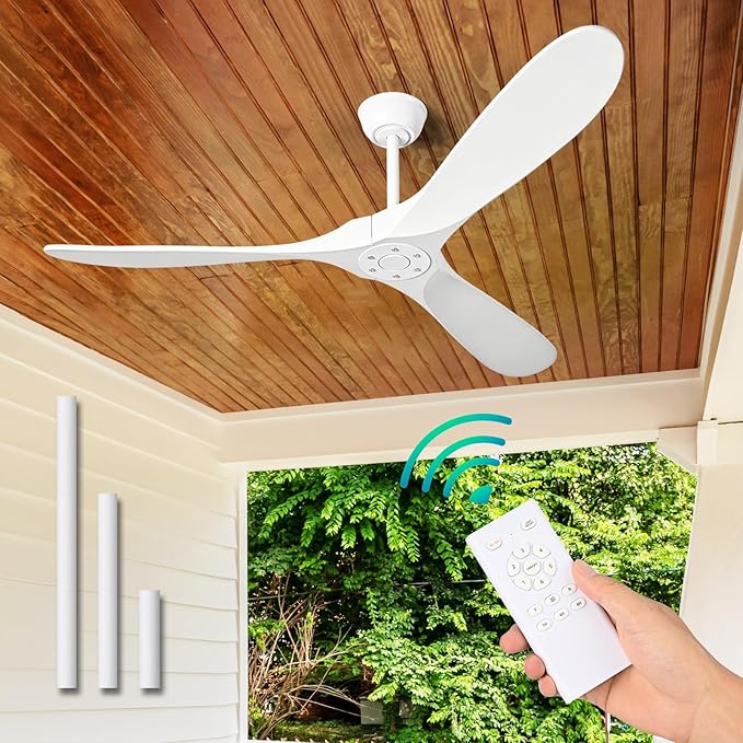 Solid Wood Ceiling Fans Without Light, 72 inch Real Wood Ceiling Fan with 6-Speeds 3 Wood Blades, Indoor Outdoor Ceiling Fans for Garage, Farmhouse, Living Room, Bedroom, Office