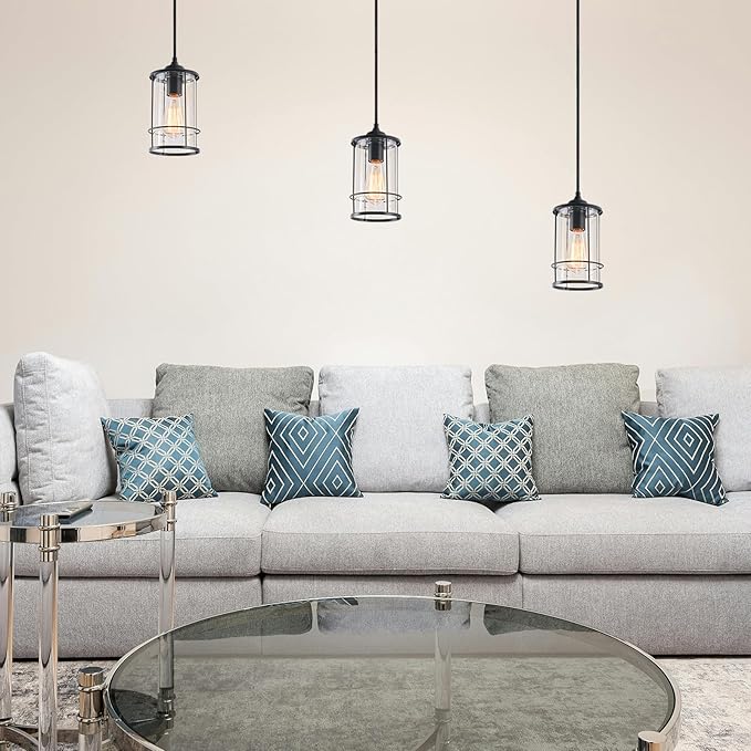 Pendant Lights, Black Hanging Light Fixtures Kitchen Island 2 Pack with Clear Glass, Modern Industrial Cage Pendant Lighting for Kitchen Dining Room Entryway Bathroom