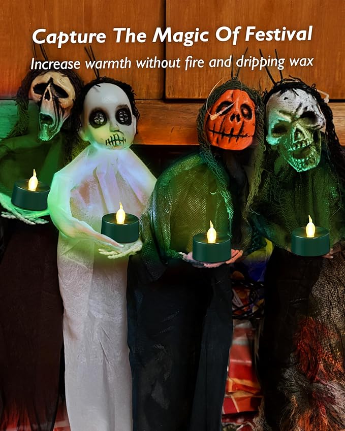 Green LED Candles, 24 Pack Tea Lights Candles Battery Operated, Flameless Tealight Candle, Realistic Tea Lights for Halloween Christmas Party Decor Mardi Gras