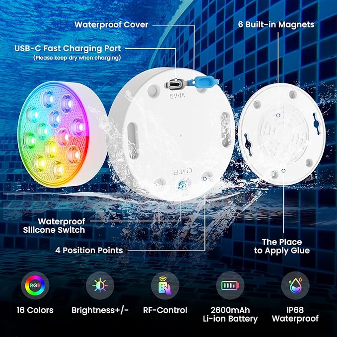 LOFTEK Submersible Pool Lights with Remote, Rechargeable LED Pool Light, Underwater Pool Light, 16 Color Changing Floating Pool Lights for Pool, Shower, Hottub, Pond, Bathroom (4 Pack)