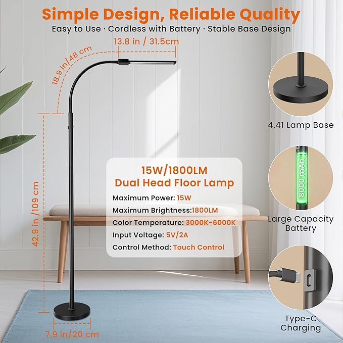 Cordless Floor Lamp LED Rechargeable - 15W Dual Head Adjustable Gooseneck Reading Light, 8000mAh Battery, Touch Control IP54 Waterproof, for Living Room, Bedroom & Emergency Lighting