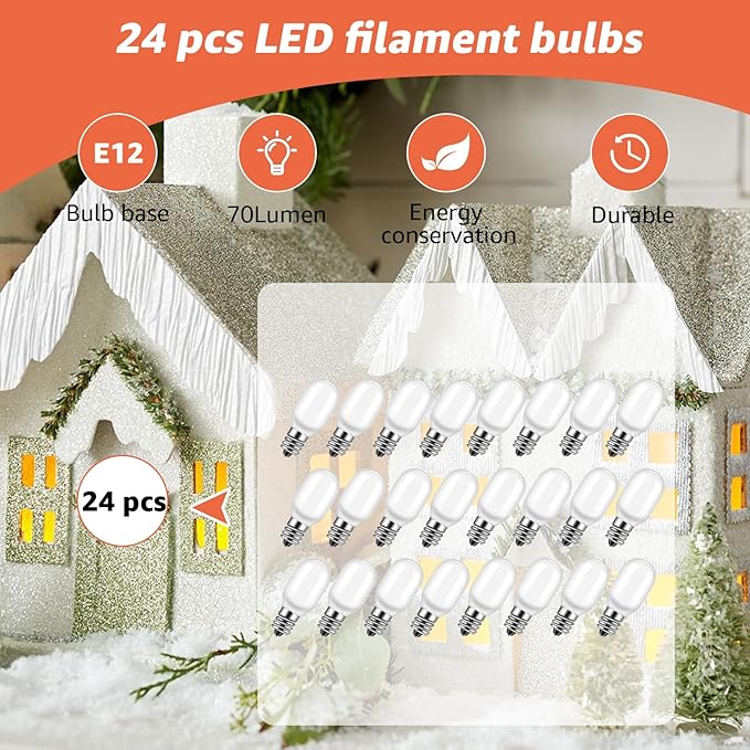 24PCS Christmas Village Replacement Light Bulbs-T20 Replacement Led Light Bulb,E12 Candelabra Base 0.7W 120V LED for Village Houses,Christmas Tree,Dept 56,Halloween Pumpkin Decor Accessories