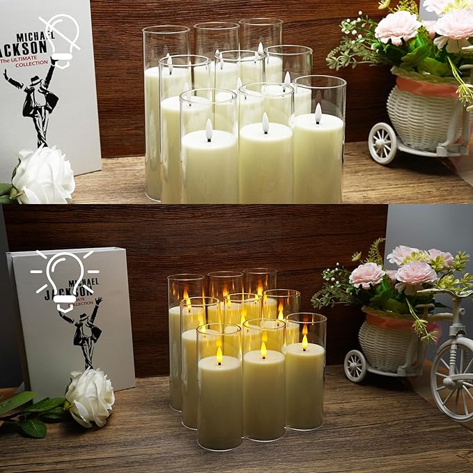 Flickering Flameless Candles Battery Operated with Remote and 2/4/6/8 H Timer Plexiglass Led Pillar Candles Pack of 9(D2.3 xH5.5 6.5" 7.5") with Realistic 3D Wick Candles for Home Decor(Ivory)