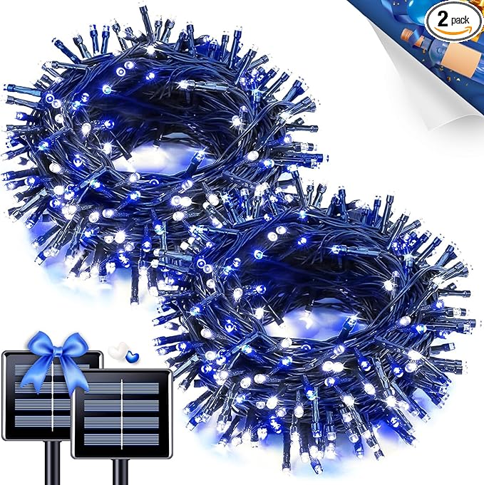 JMEXSUSS 2 Pack Solar String Lights Outdoor Waterproof, Total 66 FT 200 LED Solar Christmas Lights Outdoor, Twinkle Light for Christmas Tree Outside Garden Yard Xmas Decor, Blue and White