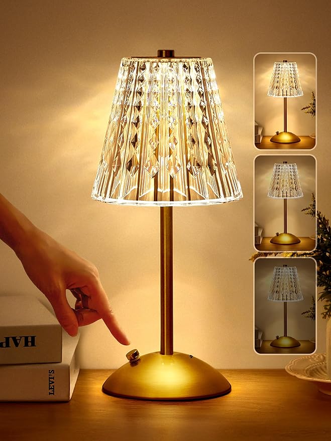 Valentines Gifts, Cordless Lamp, Crystal+Dimmable+3 Colors Rechargeable Lamp, Touch+2000mAh Battery Operated Vintage Ambient Light for Kitchen/Bedroom/Bathroom Shower, College Gifts for Teenage Girls